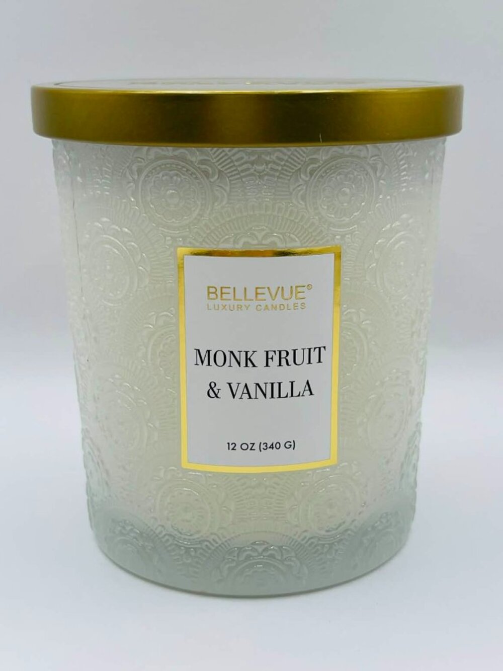 Bellevue Luxury Candle - Monk Fruit & Vanilla 12oz - Embossed Glass Jar